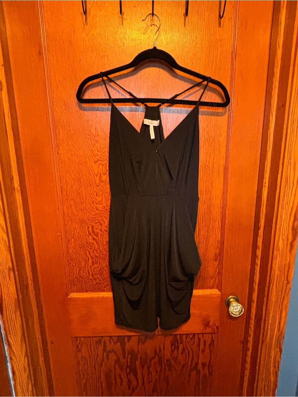 BCBG Black Sleeveless V-Neck Mini Dress with Draped Skirt